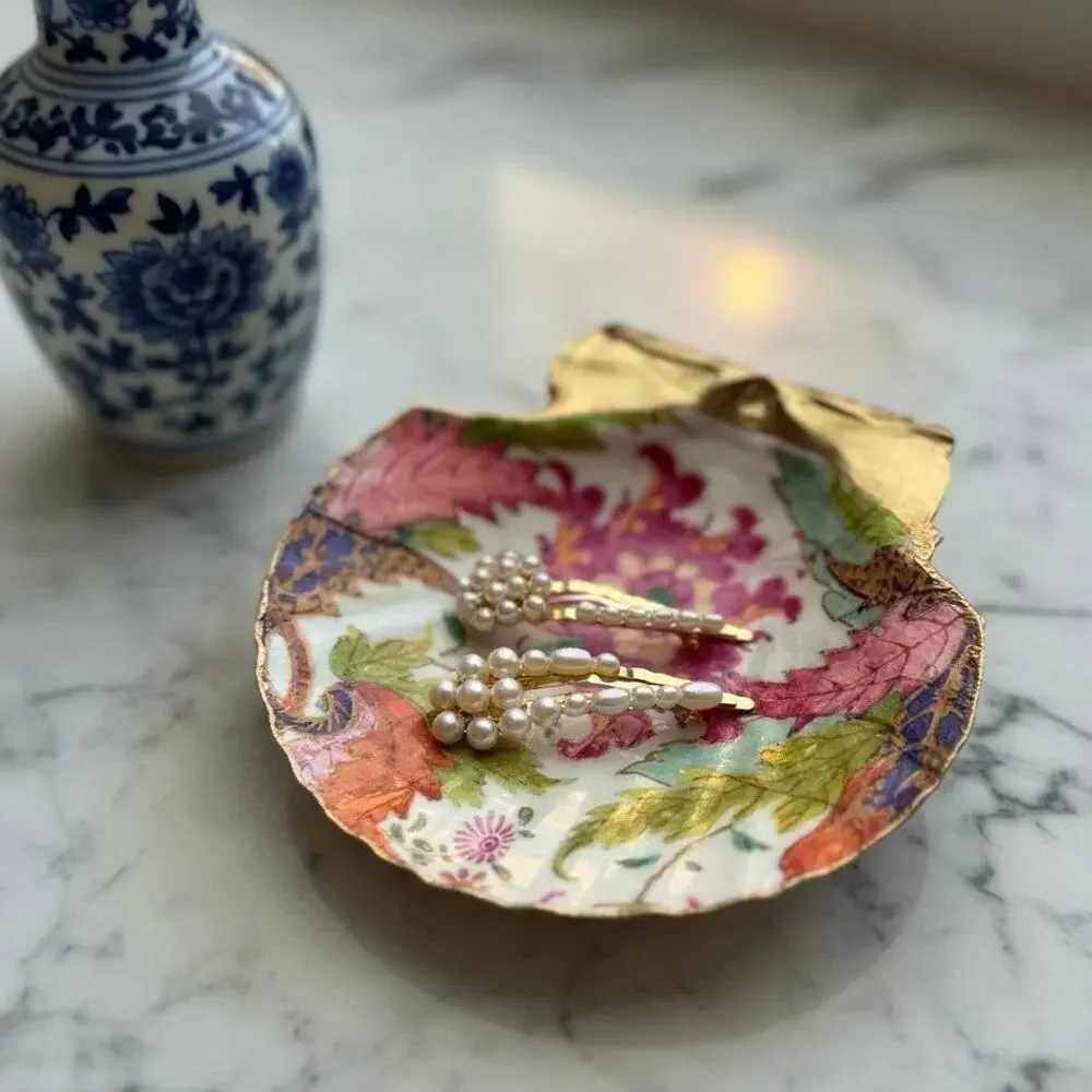 Chinoiserie Floral Shell Ring Dish Handmade Trinket Dish Maximalist Boho Decor